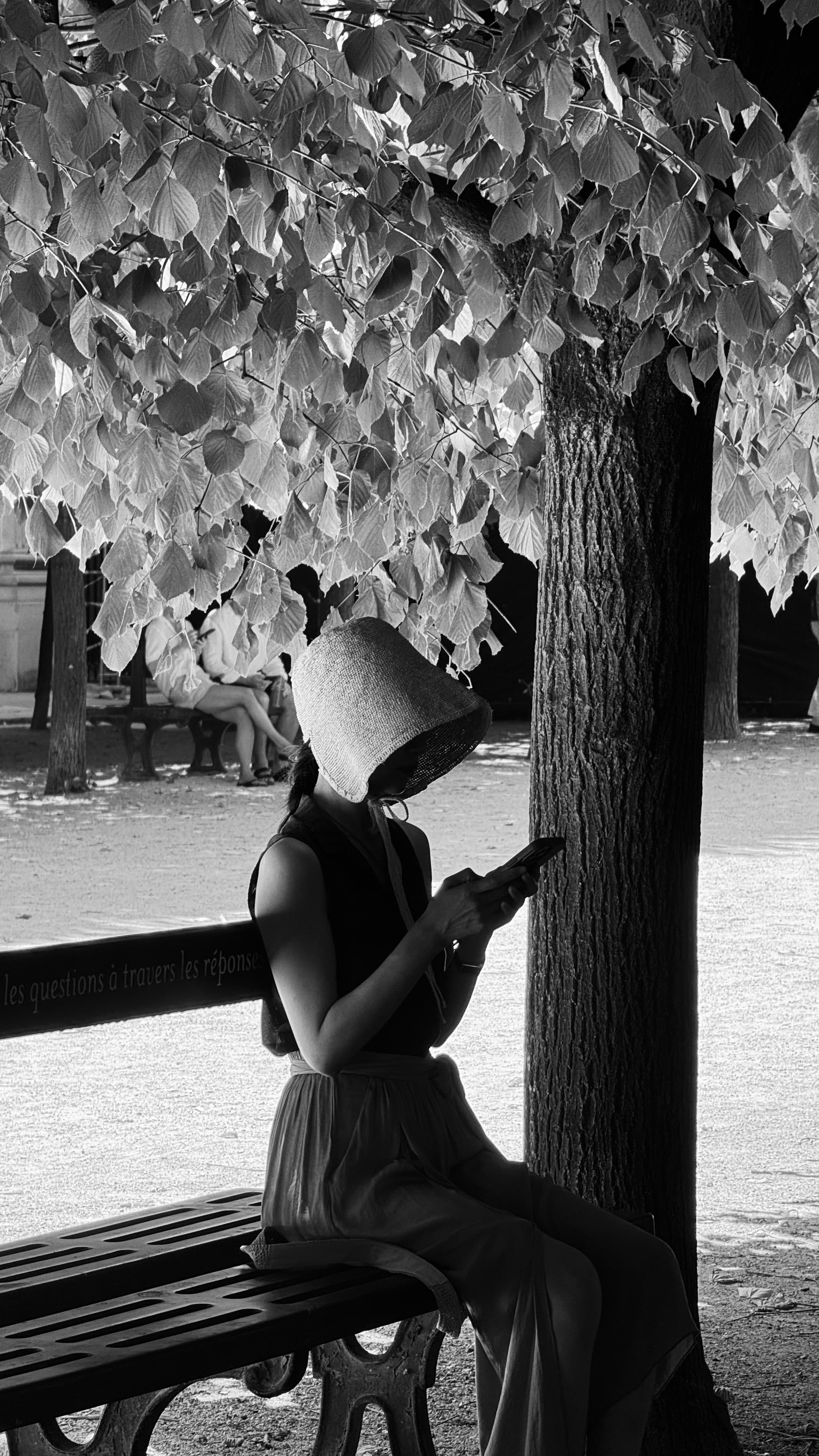 At Jardins du Palais Royal, a young woman reading something on her smartphone under the trees. A great way to escape the heatwave.