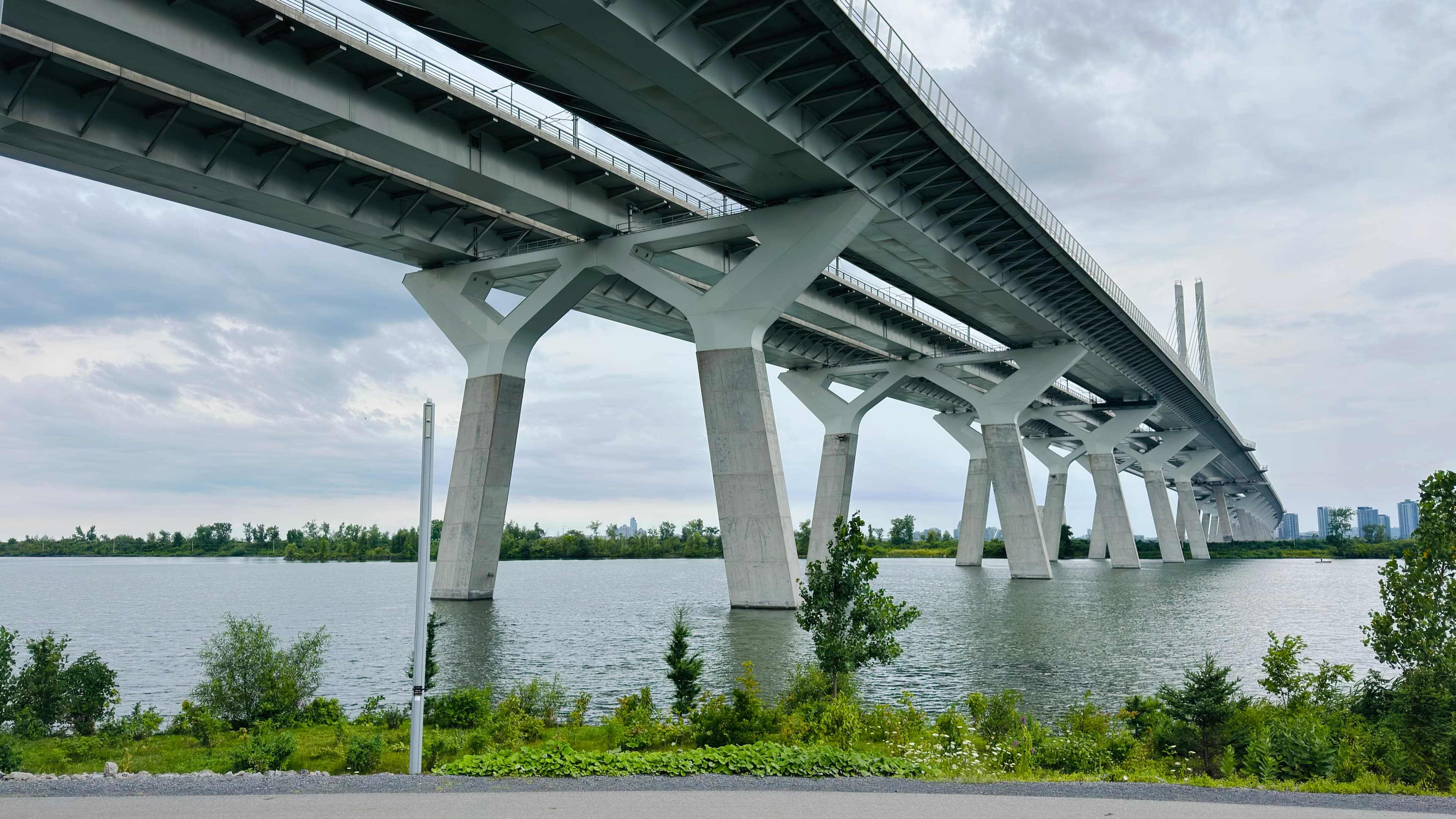 Champlain Bridge, leading to Montreal Island. Brand new and beautiful bridge. Shot during a 34 KM bike ride on the south shore of Montreal’s